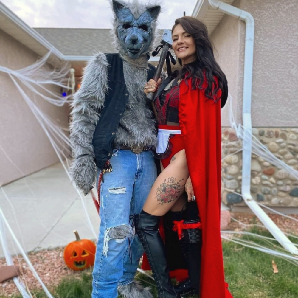 Little red riding hood and her big bad wolf couples costume.